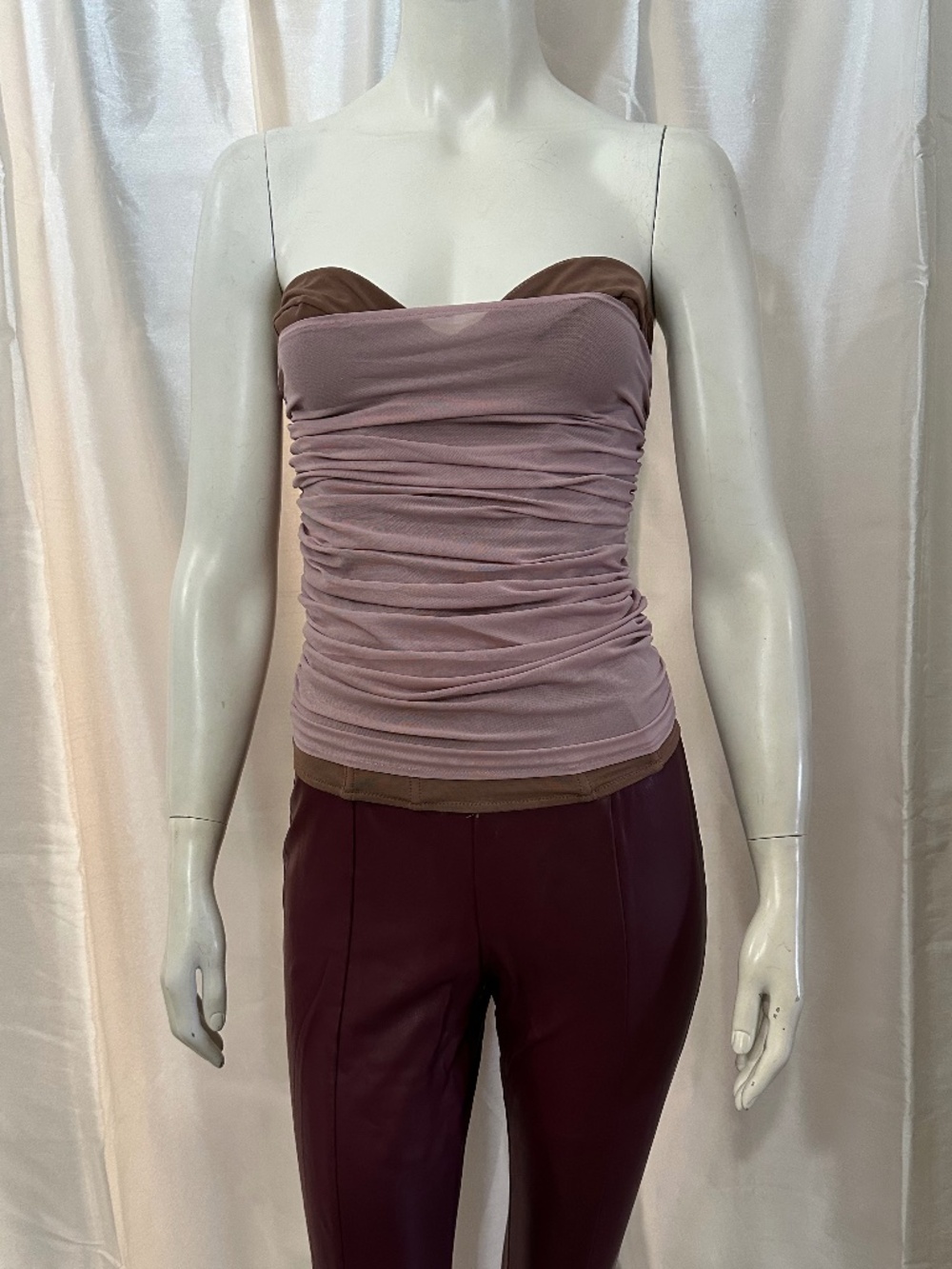 ZARA Two Tone Mesh Corset Bandeau Top Pink Brown Ruched Strapless NWT Large L